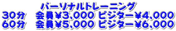 パーソナルトレーニング 30分 会員\3,000 ビジター\4,000 60分 会員\5,000 ビジター\6,000